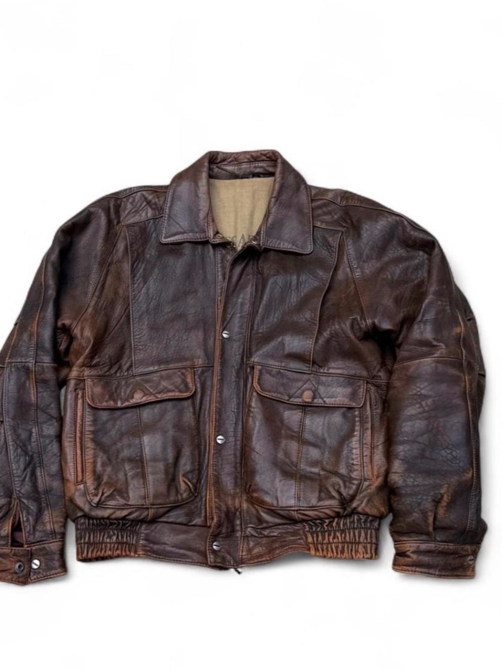 Vintage 80s Mirage Brown Leather Aviator Bomber Jacket Size 34